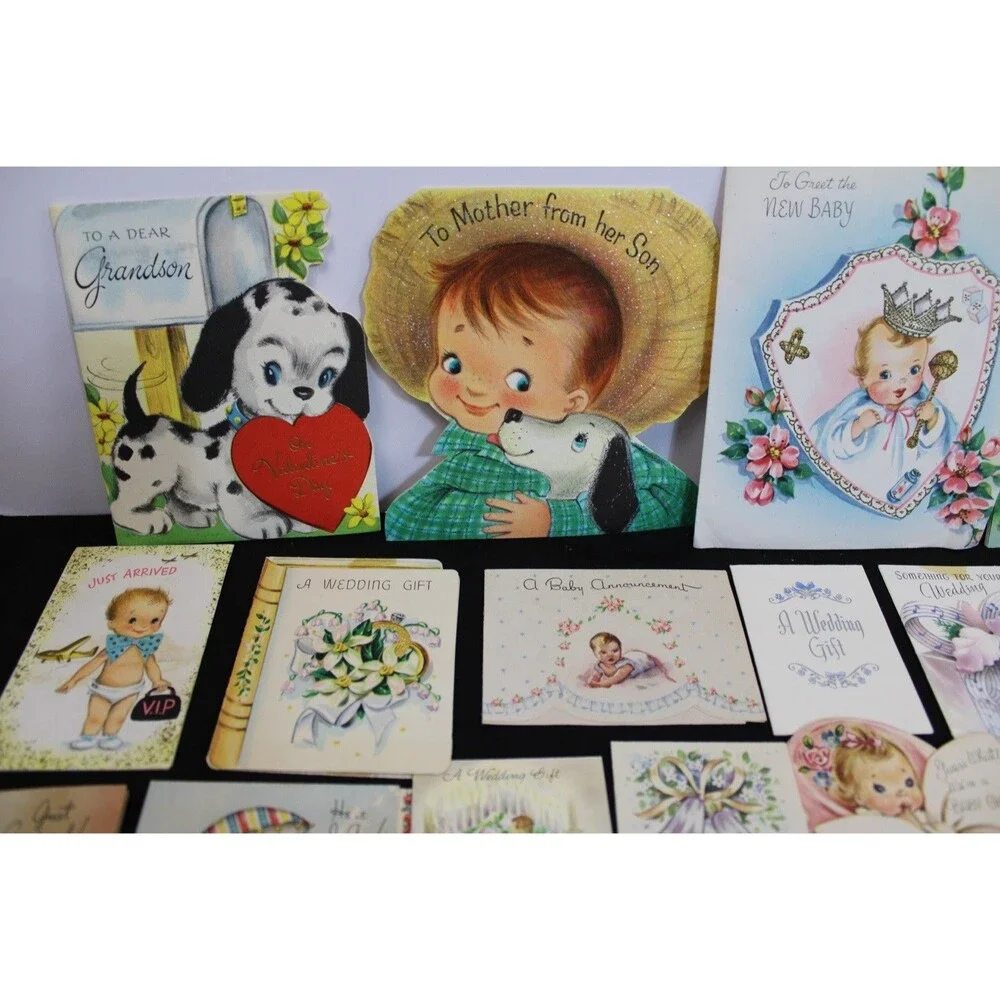 Lot 72 Vtg Baby Shower & New Baby Greeting Cards 1950s Graphics Glitter USA